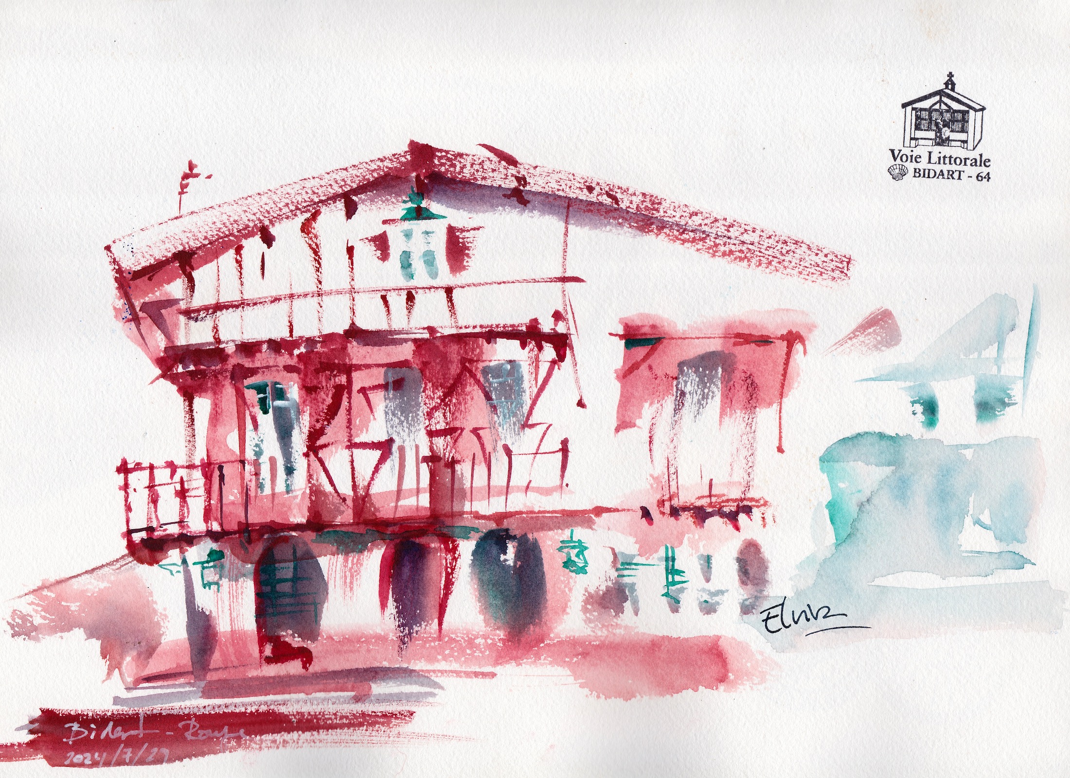 Basque Red Plein air watercolor of a traditional Basque house inspired by Basque Red, the historic color of its timber framing.