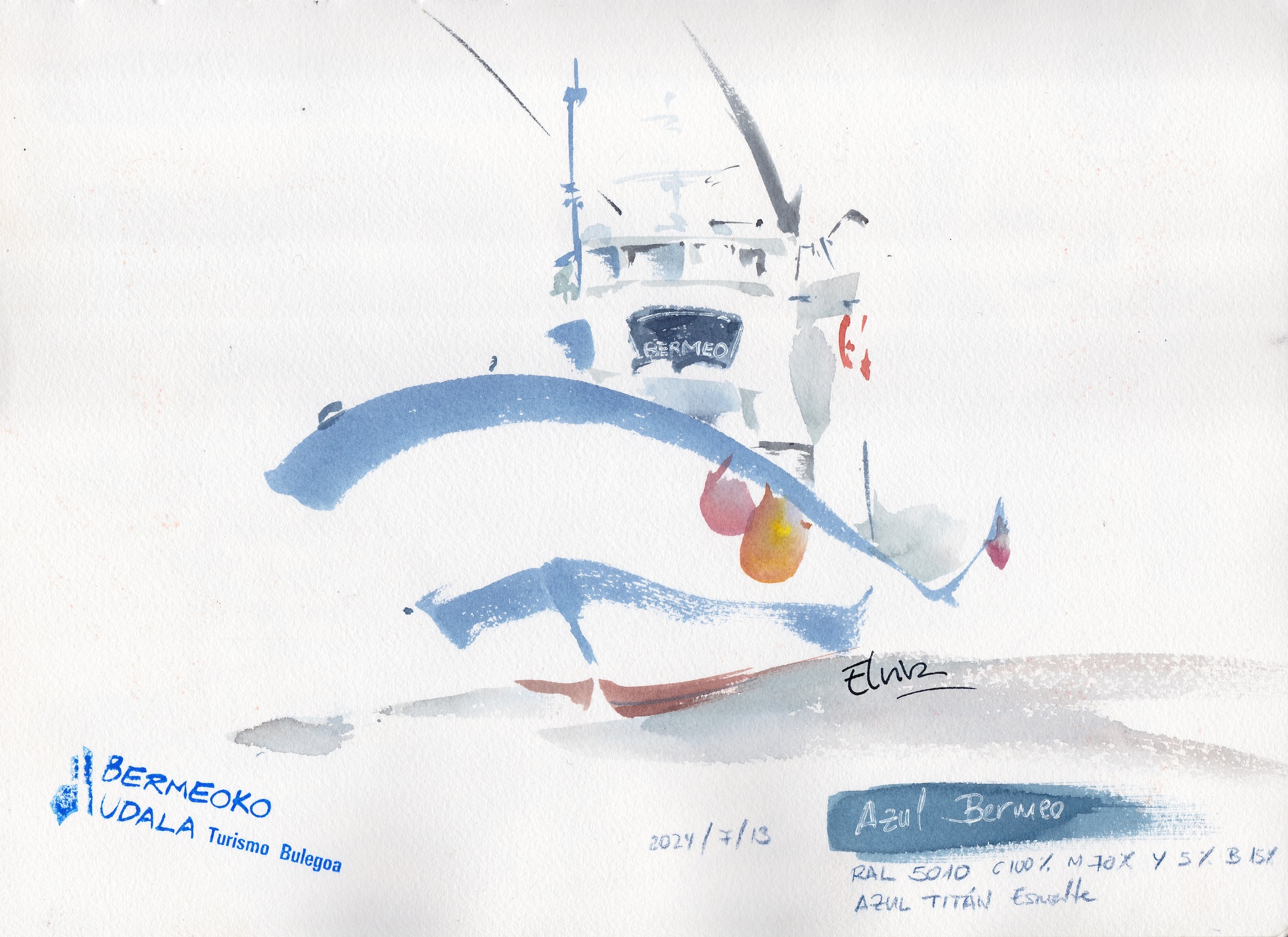 Bermeo Blue Plein air watercolor of Bermeo inspired by Bermeo Blue, the traditional paint color of Basque fishing boats.