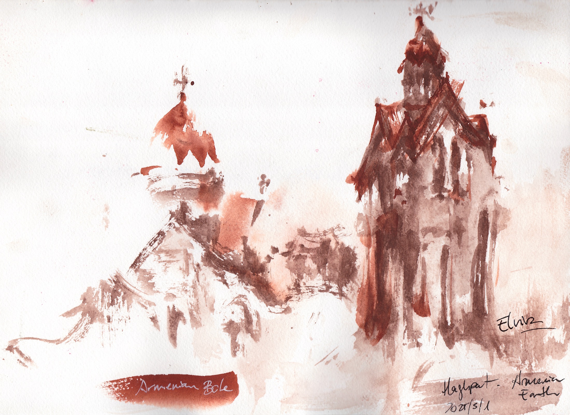 Bole Plein air watercolor of Haghpat Monastery painted with Armenian bole and violet earth collected in the Debed Canyon.
