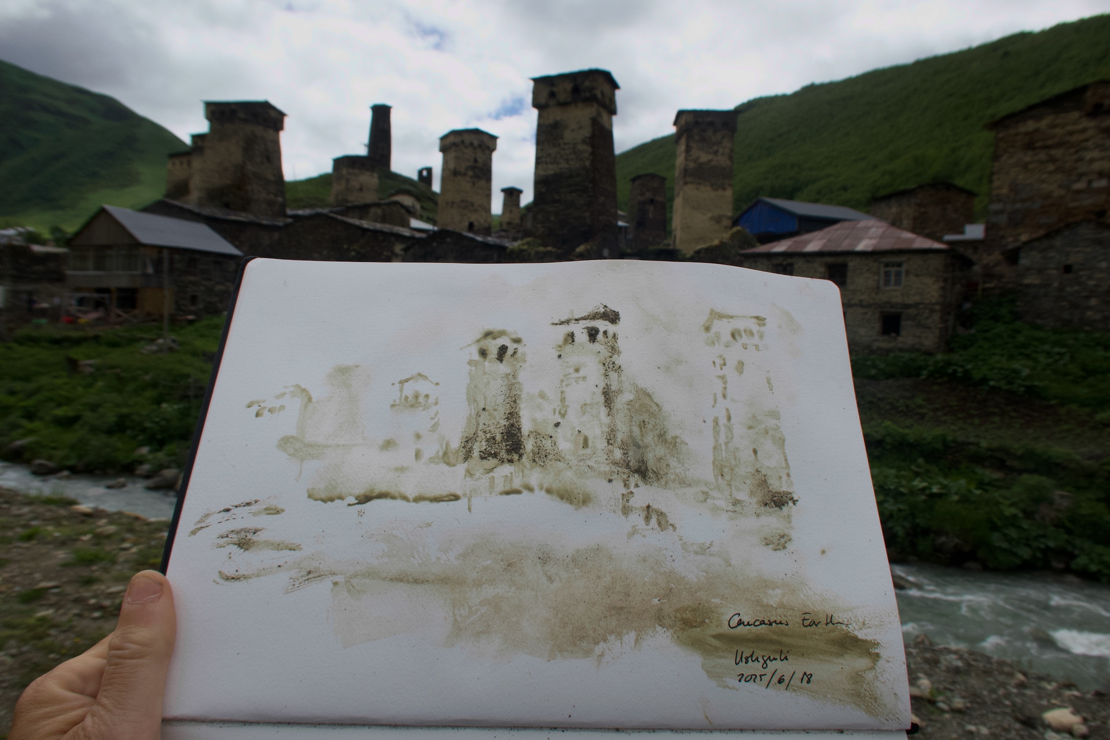 Caucasus Earth Painting Ushguli en plein air with Caucasus Green.