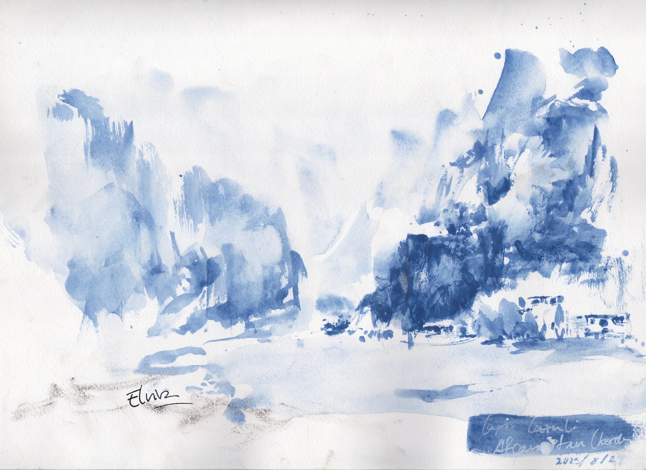 Lapis Lazuli Plein air watercolor of the Afghan landscape painted from the Tajik border with genuine lapis lazuli.