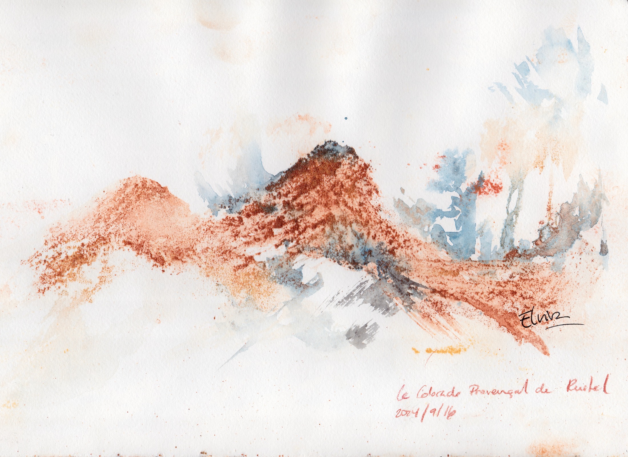 Red Ochre Plein air watercolor of Colorado Provençal painted with natural red ochre made from locally collected iron oxide-rich earth.
