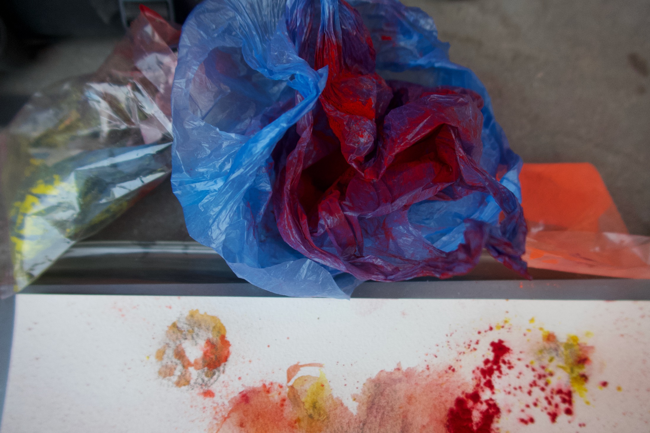 Tikka powders Creating the artwork with traditional Nepali tikka powders and frottage.