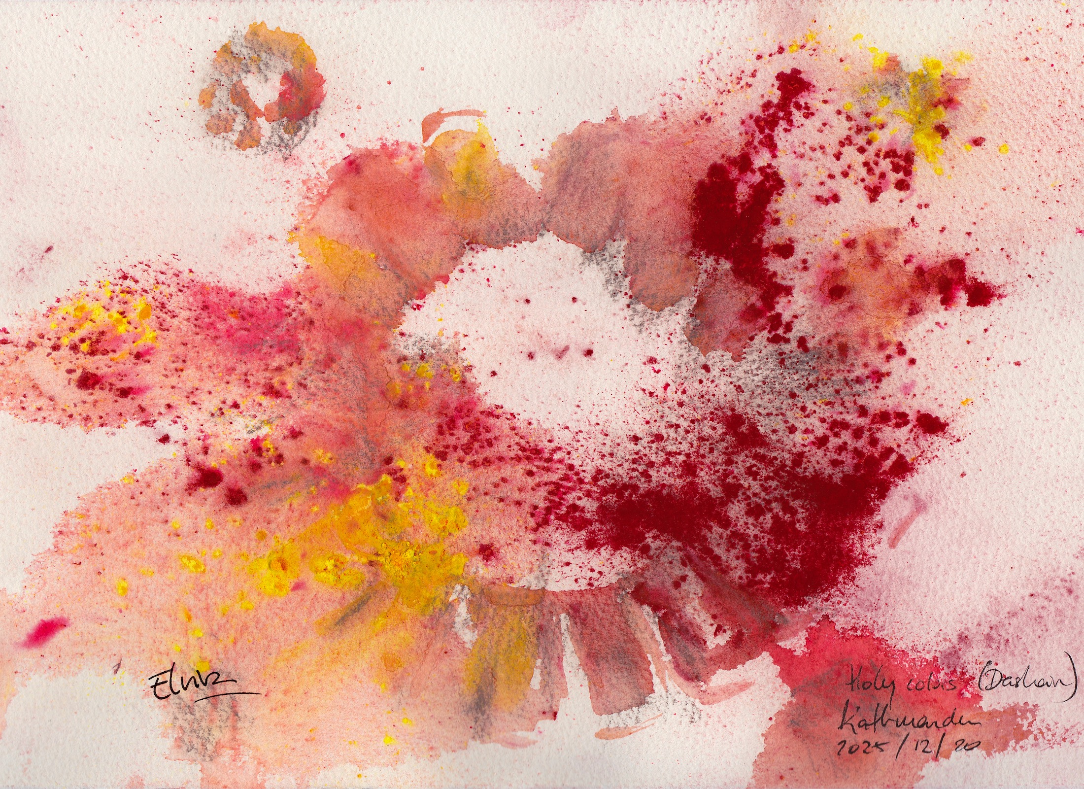 Tikka powders Watercolor inspired by Dashain, created with traditional Nepali tikka powders and the frottage technique.