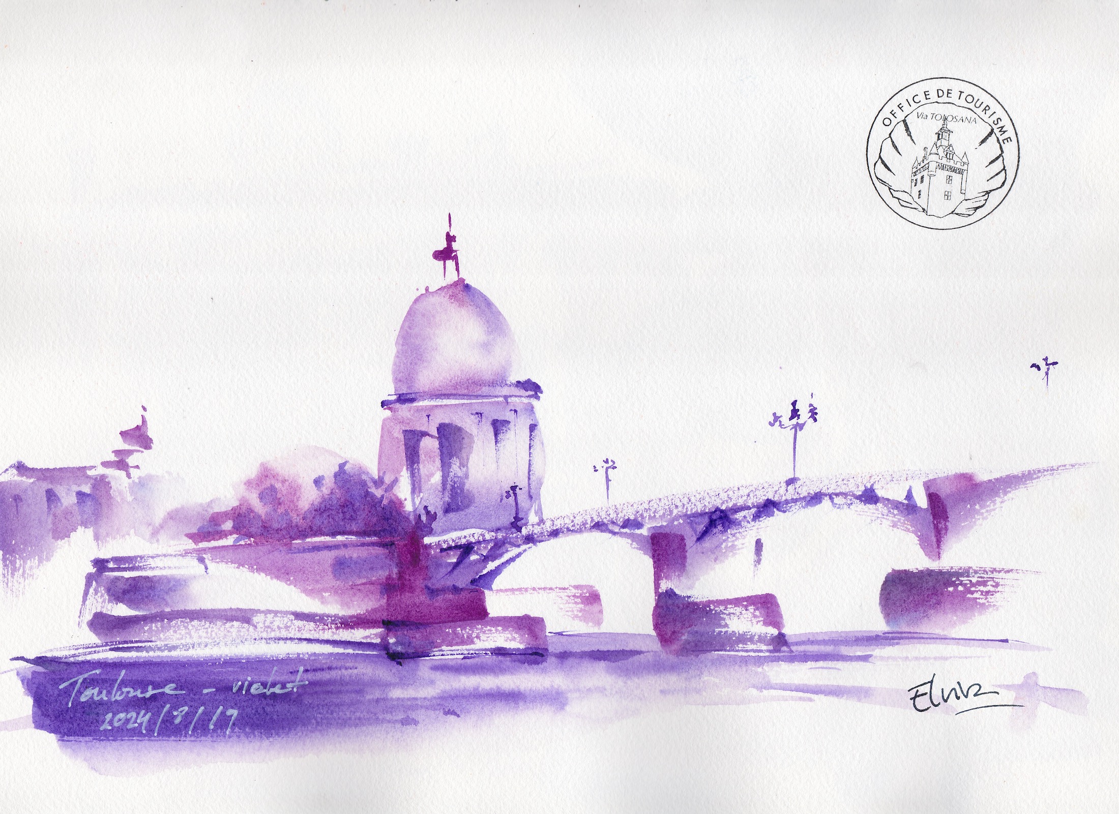 Violette Plein air watercolor of Toulouse inspired by its emblematic violet flower, painted with Cobalt Violet and Manganese Violet.